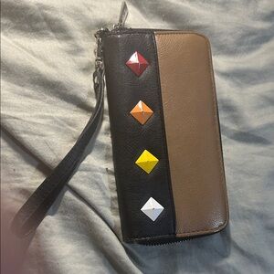 Stylish Brown and Black Clutch with Colorful Accents